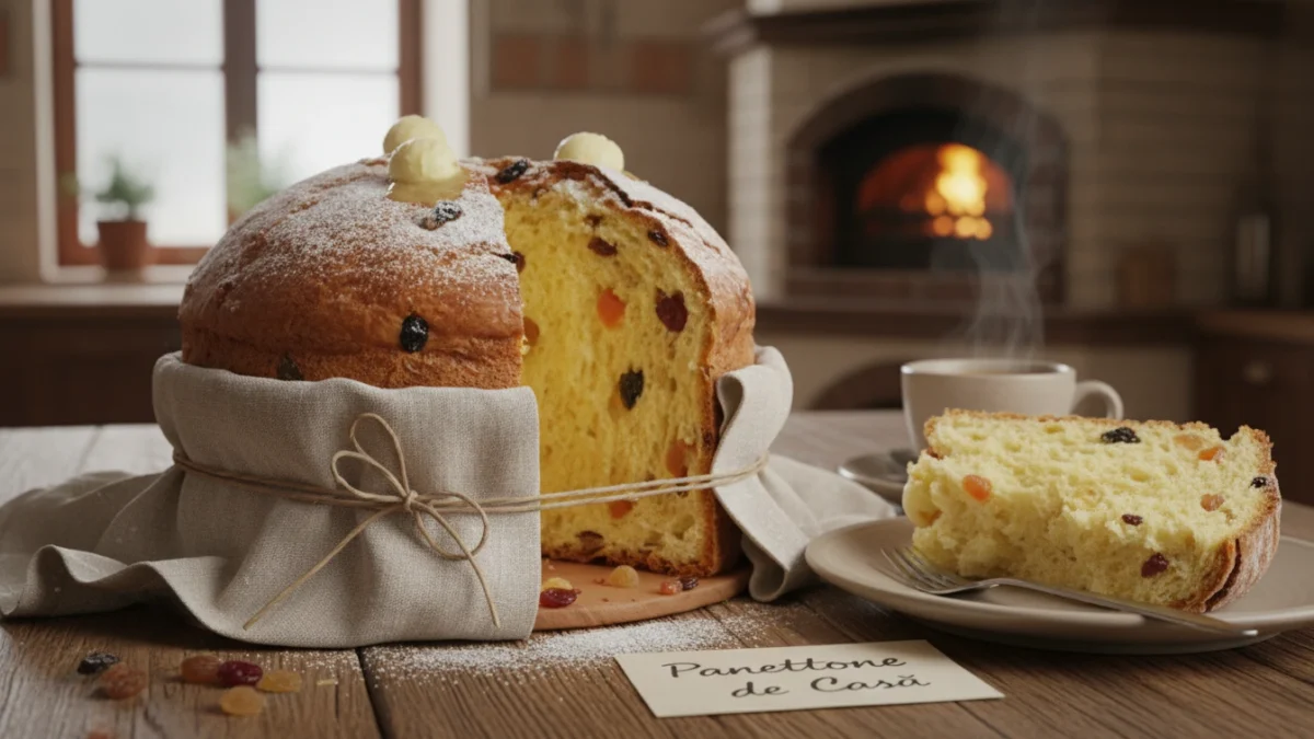 Panettone Italian proaspăt copt cu stafide și coajă de portocale pe masa de lemn