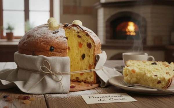 Panettone Italian proaspăt copt cu stafide și coajă de portocale pe masa de lemn