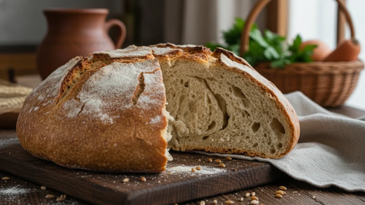 Pâine de casă țărănească rotundă pe un prosop de bucătărie, cu coaja crăpată și rumenită