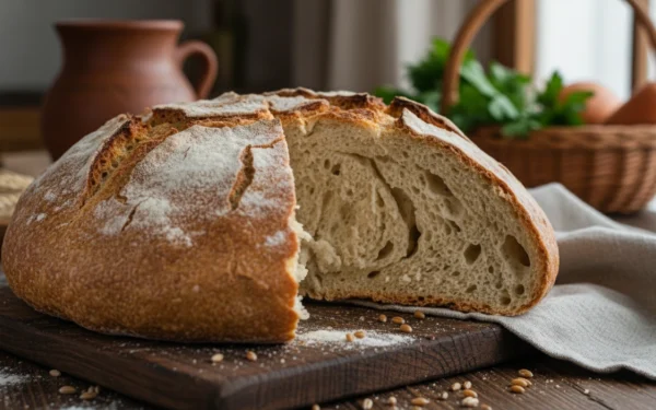 Pâine de casă țărănească rotundă pe un prosop de bucătărie, cu coaja crăpată și rumenită