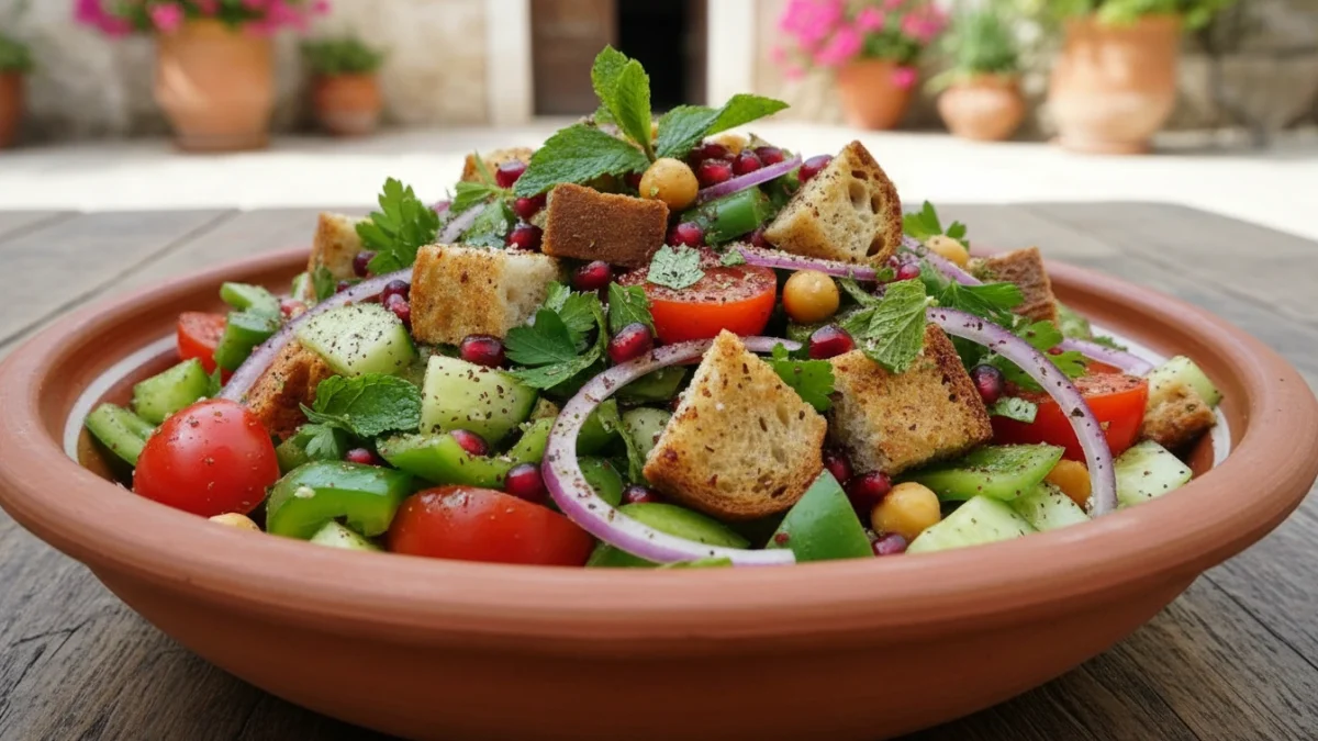 Salată fattoush într-un bol mare de ceramică, cu pâine pita prăjită, roșii, castravete și pătrunjel, presărată cu sumac roșu
