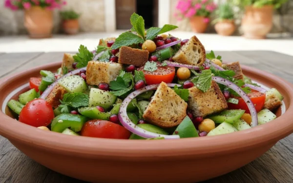 Salată fattoush într-un bol mare de ceramică, cu pâine pita prăjită, roșii, castravete și pătrunjel, presărată cu sumac roșu