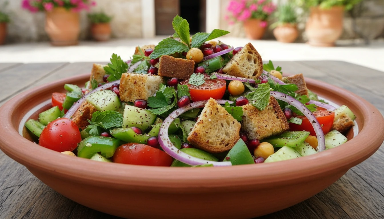 Salată fattoush într-un bol mare de ceramică, cu pâine pita prăjită, roșii, castravete și pătrunjel, presărată cu sumac roșu